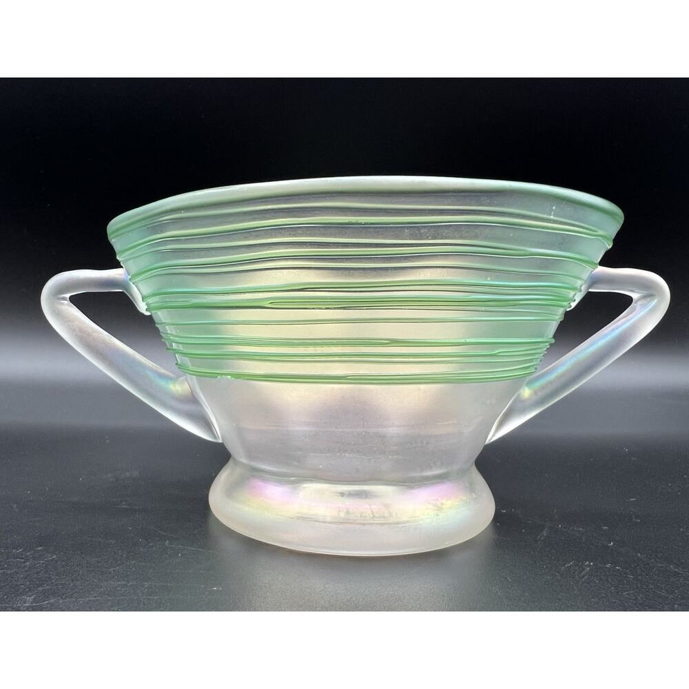 Steuben Green Threaded Verre De Sole Iridescent Handled Open Sugar Sherbet Cup